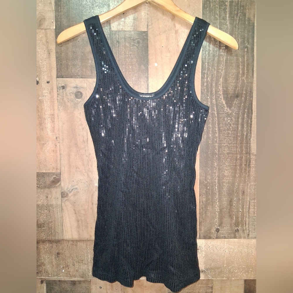 Vintage Express Black Sequin Sleeveless Ribbed Back Stretch Tank Top Medium Y2k
